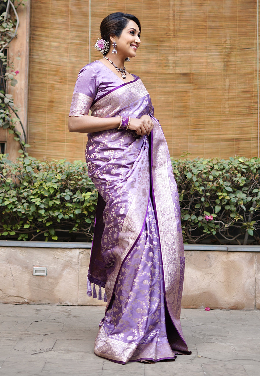 Divya in our Lavender Banarasi Jaal Satin Silk Pink Zari Woven Saree
