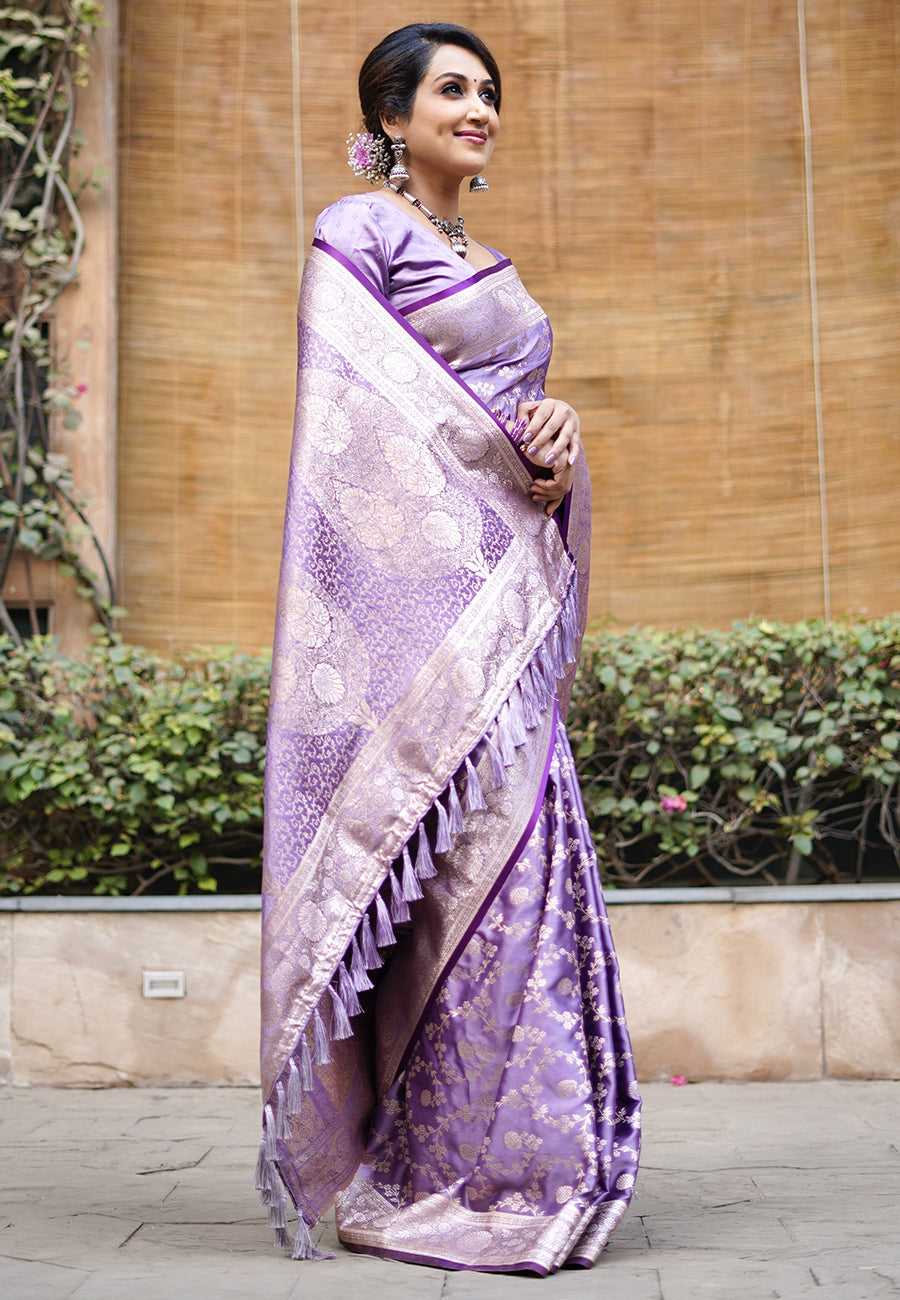 Divya in our Lavender Banarasi Jaal Satin Silk Pink Zari Woven Saree