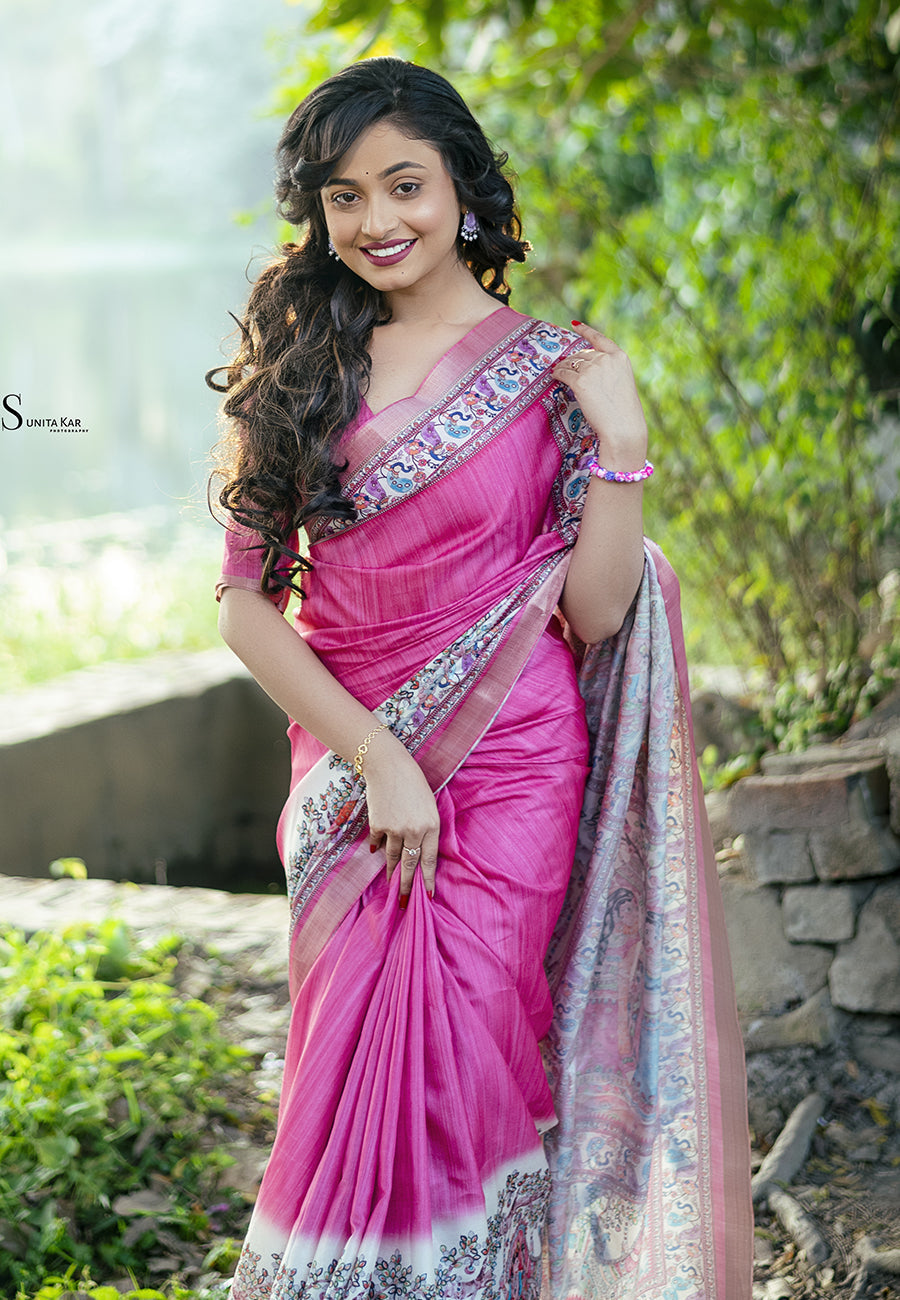 Pink Tussar Silk Madhubani Printed Saree with Zari Woven Border
