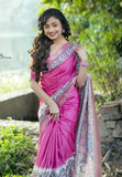 Pink Tussar Silk Madhubani Printed Saree with Zari Woven Border
