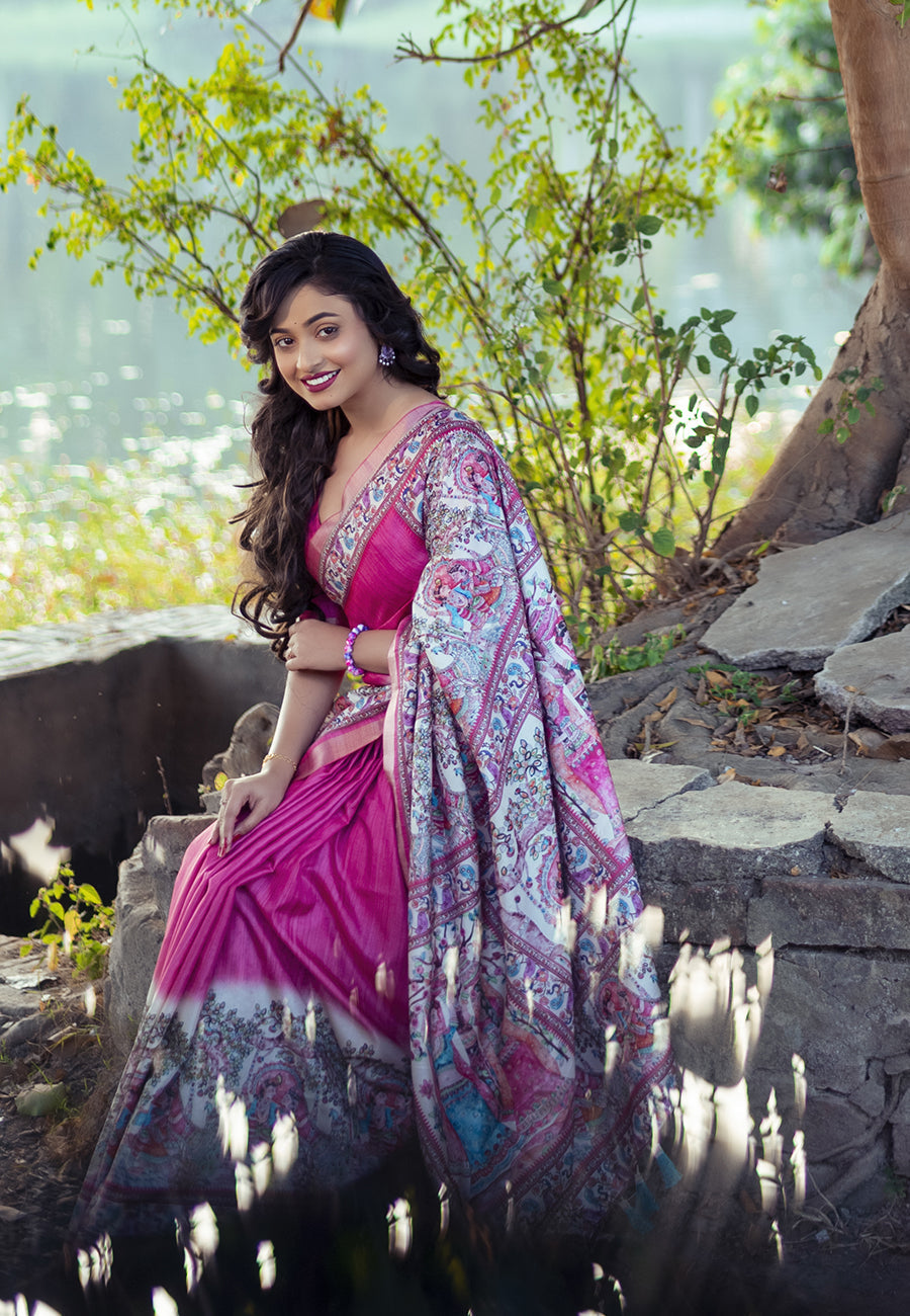 Pink Tussar Silk Madhubani Printed Saree with Zari Woven Border