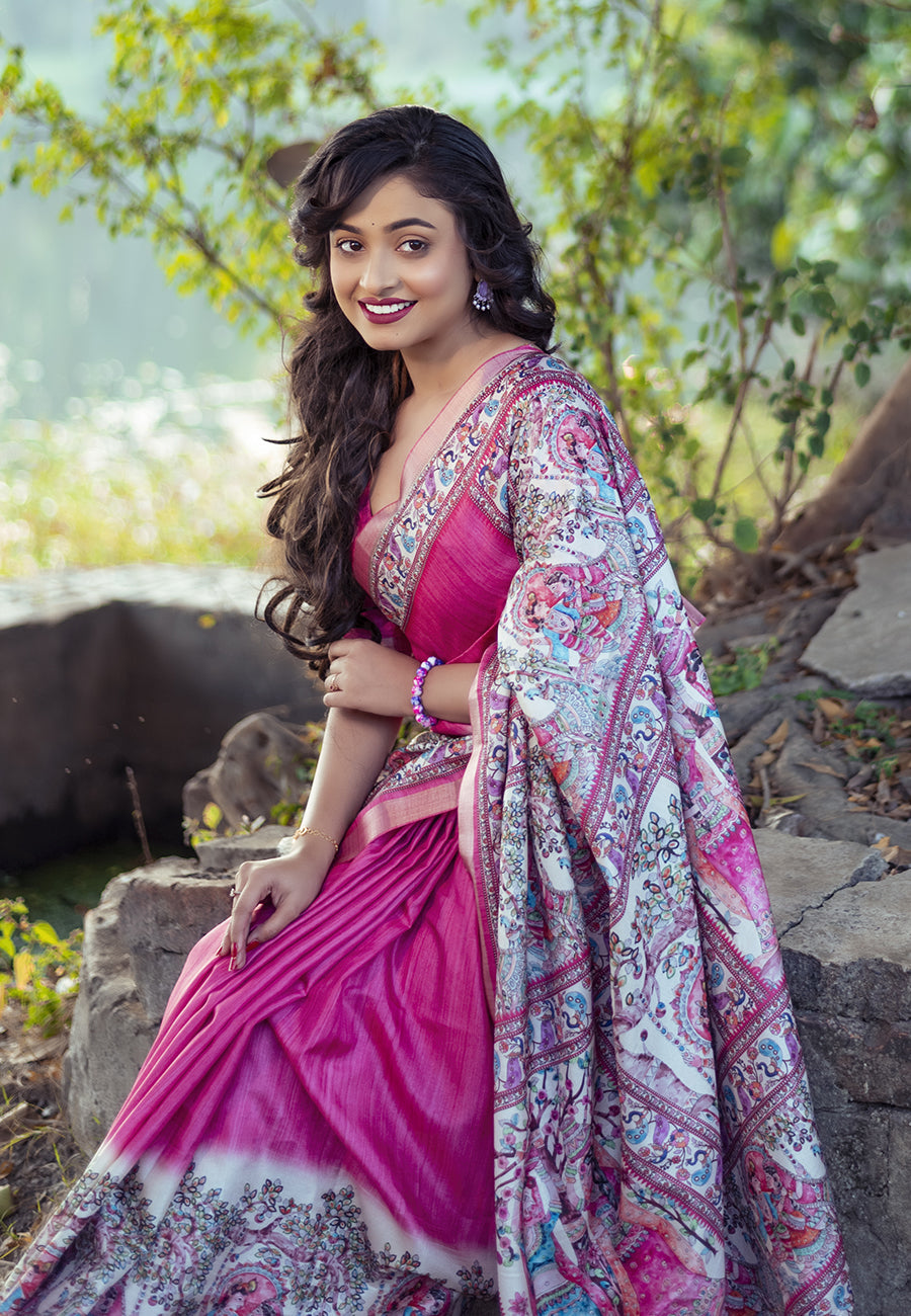 Pink Tussar Silk Madhubani Printed Saree with Zari Woven Border