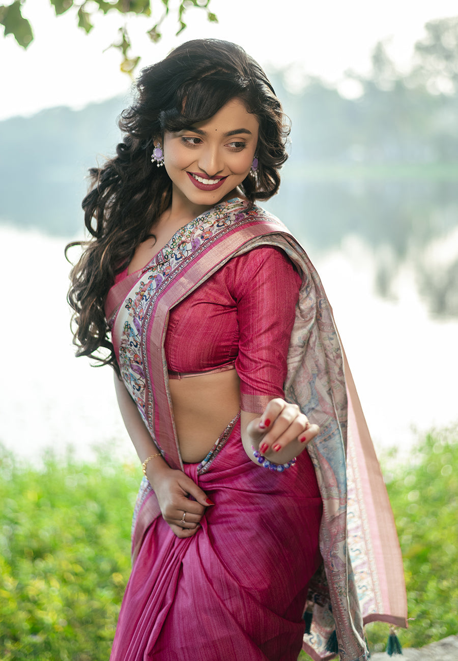 Pink Tussar Silk Madhubani Printed Saree with Zari Woven Border
