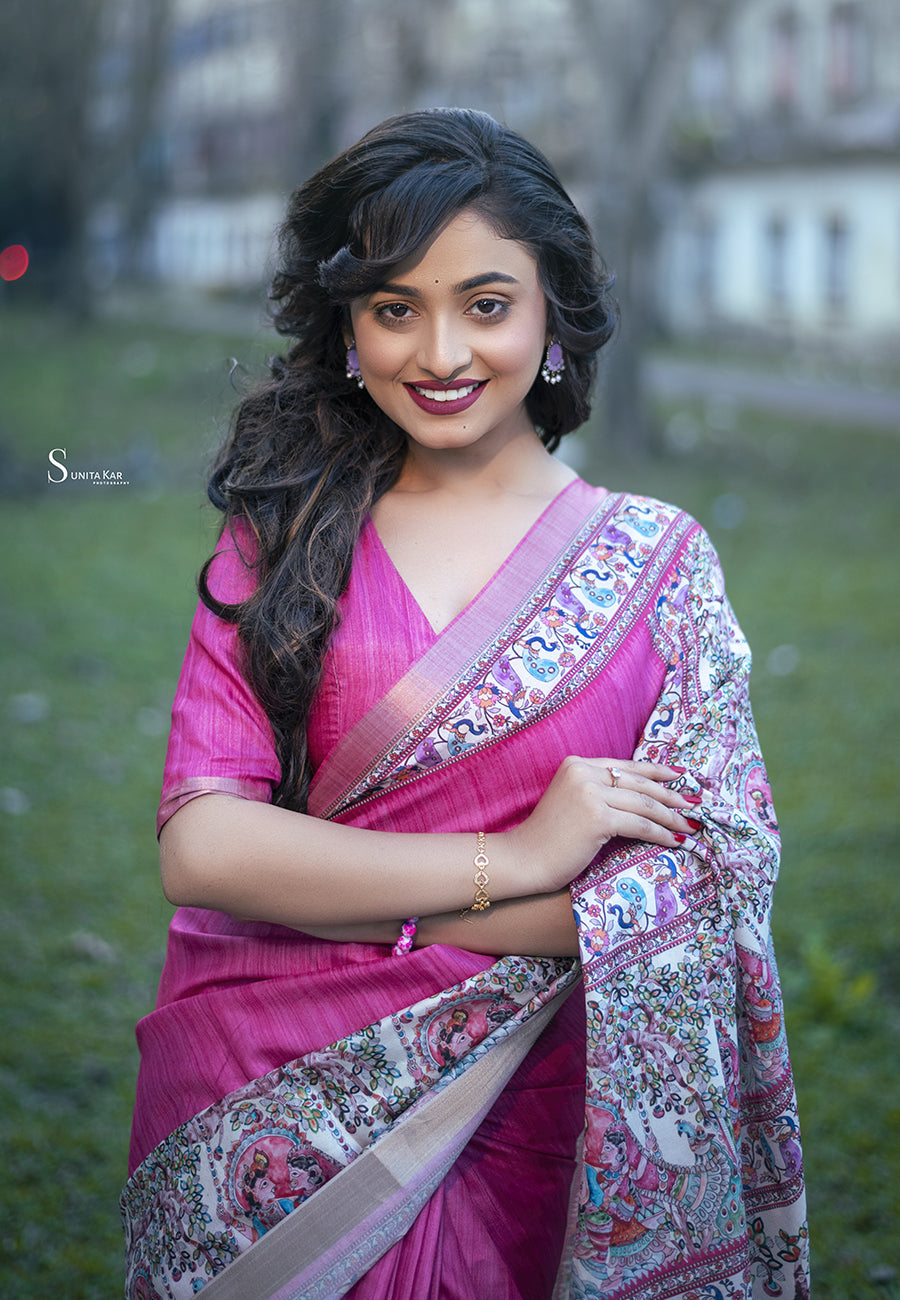 Pink Tussar Silk Madhubani Printed Saree with Zari Woven Border