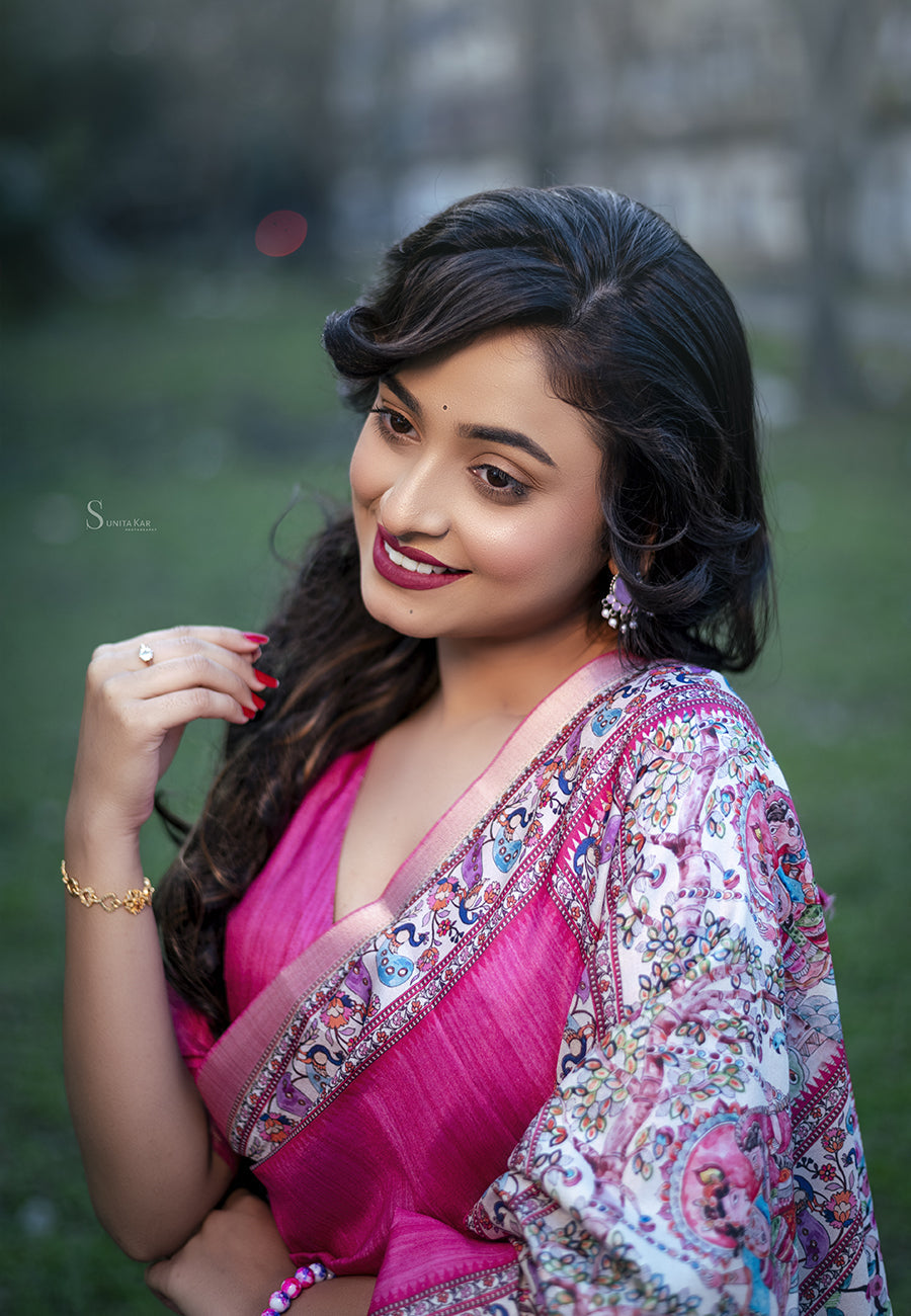 Pink Tussar Silk Madhubani Printed Saree with Zari Woven Border