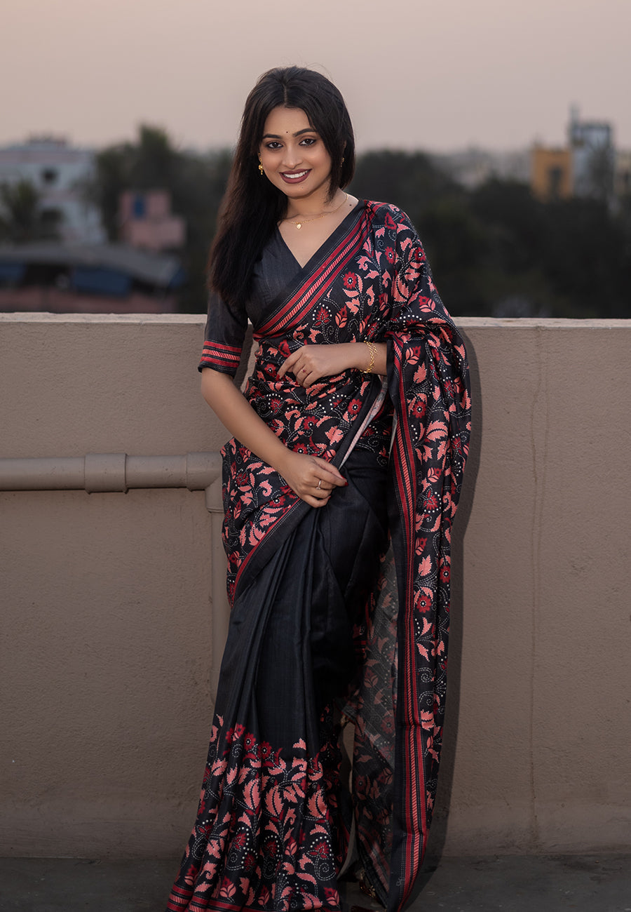 Black Kolam Silk Katha Printed Pushpa Saree