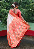 White Red Soft Silk Saree with Butti Durga Pooja Zari Woven Saree