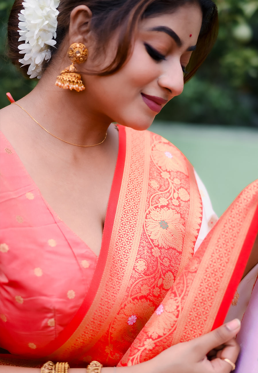 White Red Soft Silk Saree with Butti Durga Pooja Zari Woven Saree