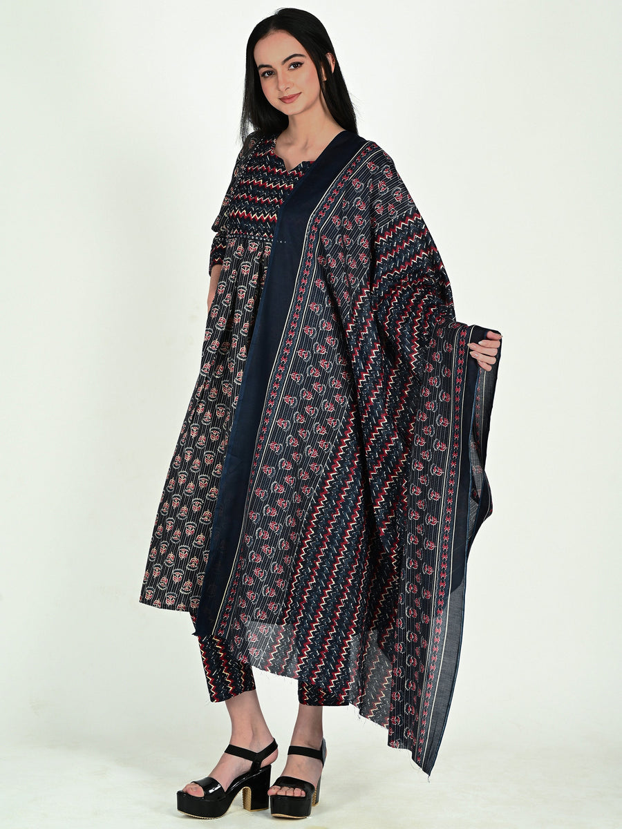 Navy Blue & Wine Cotton Blend Floral Block Printed Kurta & Pant With Dupatta
