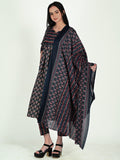 Navy Blue & Wine Cotton Blend Floral Block Printed Kurta & Pant With Dupatta
