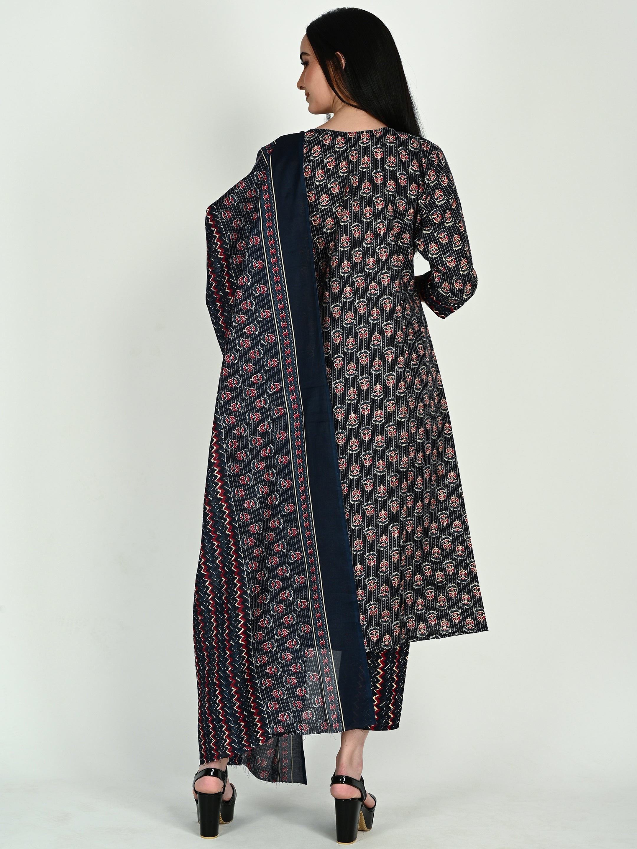 Navy Blue & Wine Cotton Blend Floral Block Printed Kurta & Pant With Dupatta