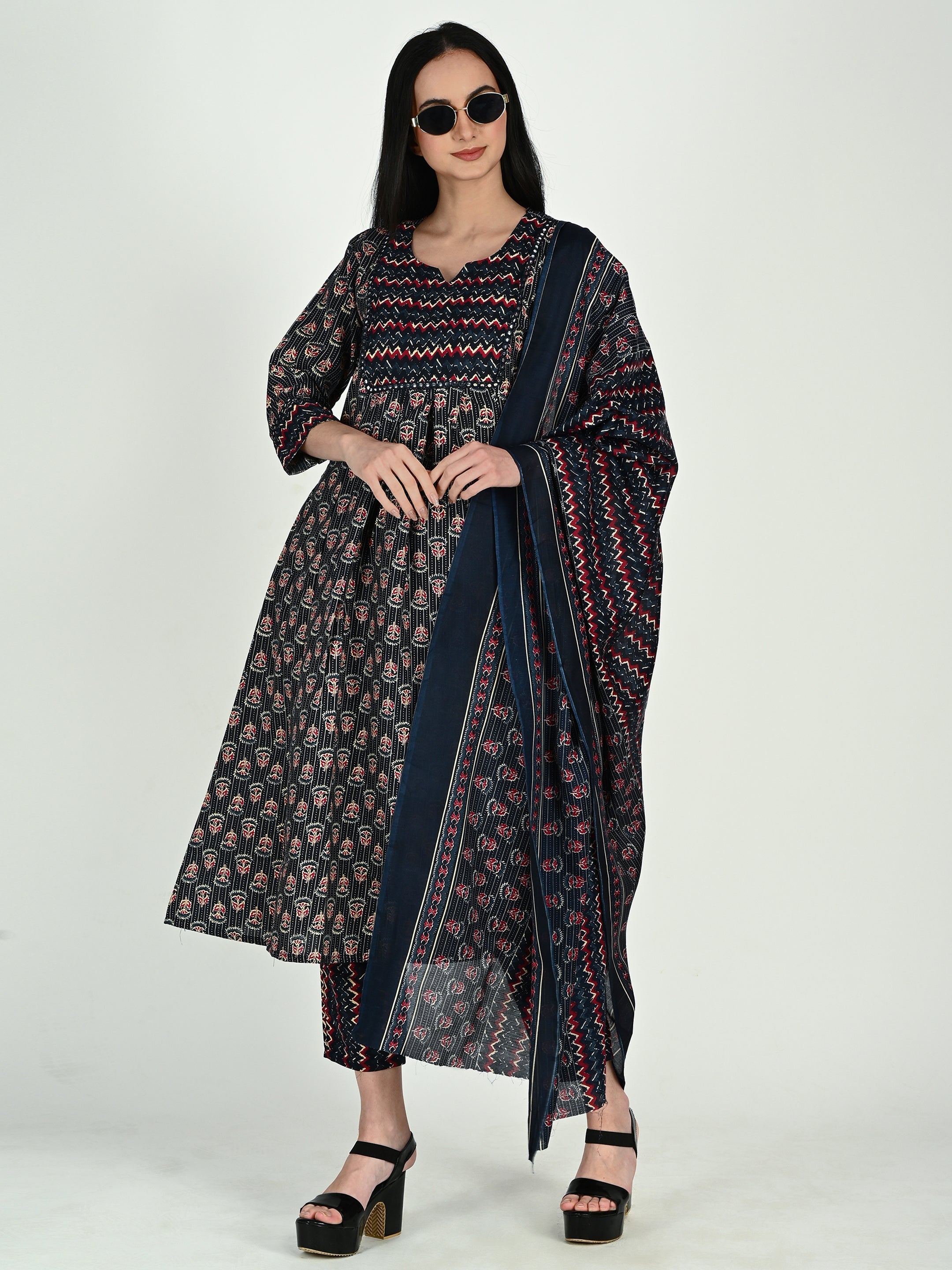 Navy Blue & Wine Cotton Blend Floral Block Printed Kurta & Pant With Dupatta