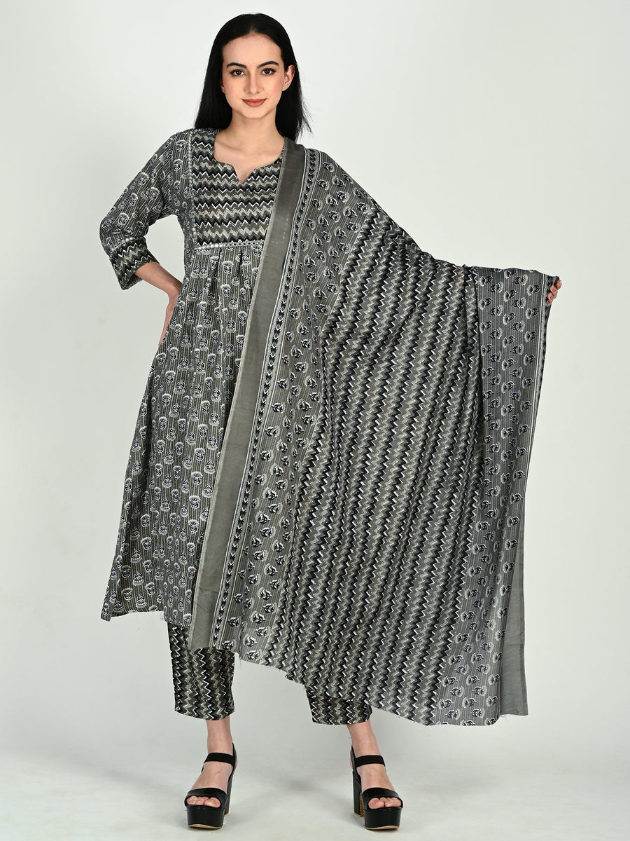 Grey & Black Cotton Blend Floral Block Printed Kurta & Pant With Dupatta