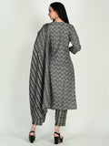 Grey & Black Cotton Blend Floral Block Printed Kurta & Pant With Dupatta