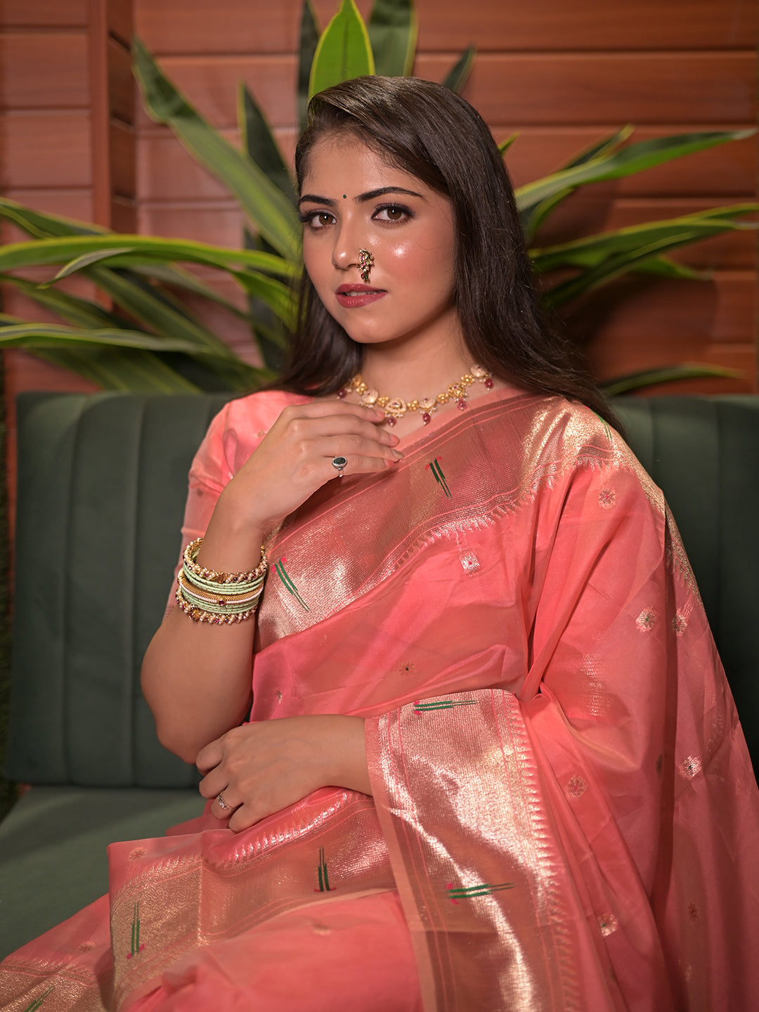 Aditi in our Dark Pink Organza Paithani Zari Woven Saree