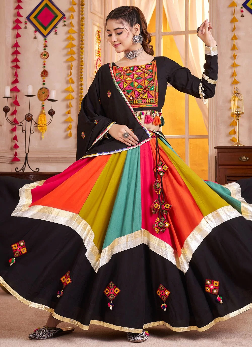 Kutchi work black choli with multicolor lehenga and festive dupatta