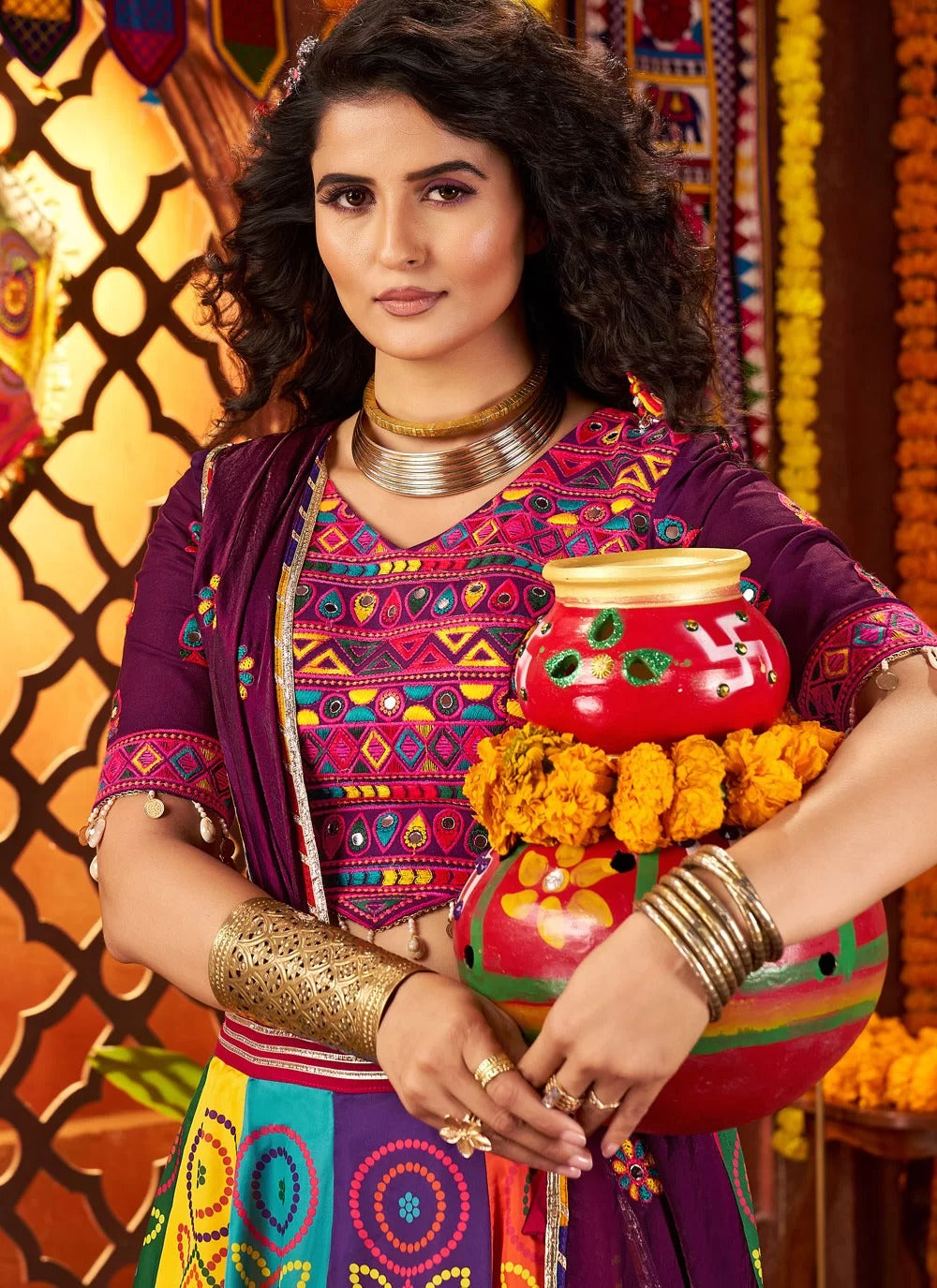Digital printed multi-color lehenga with mirror work
