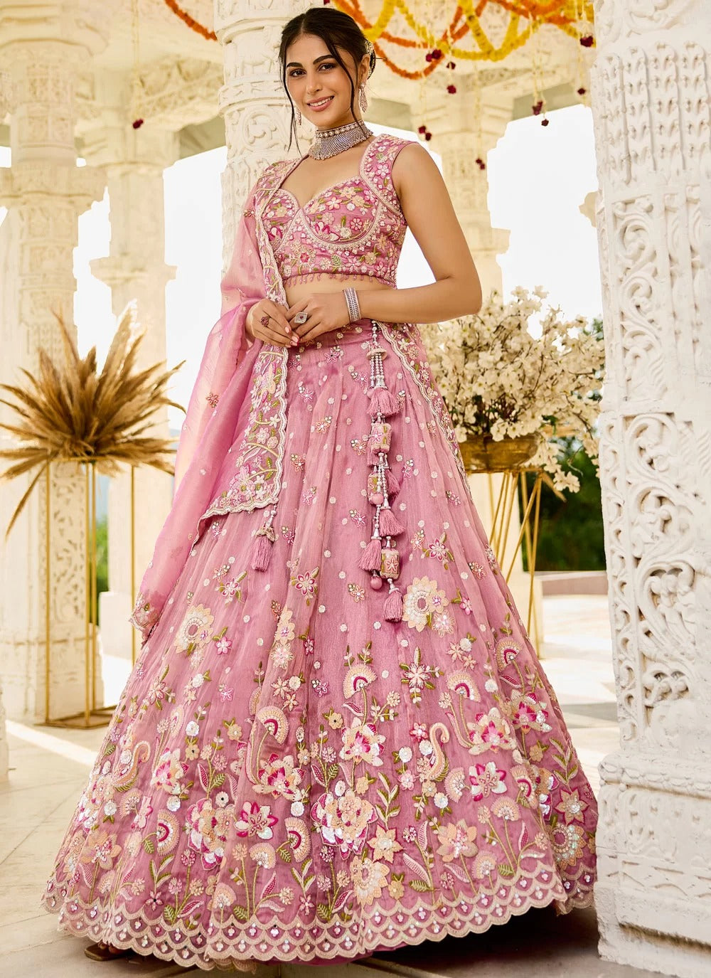 Heavy work organza bridal lehenga choli with satin blouse and embroidered dupatta