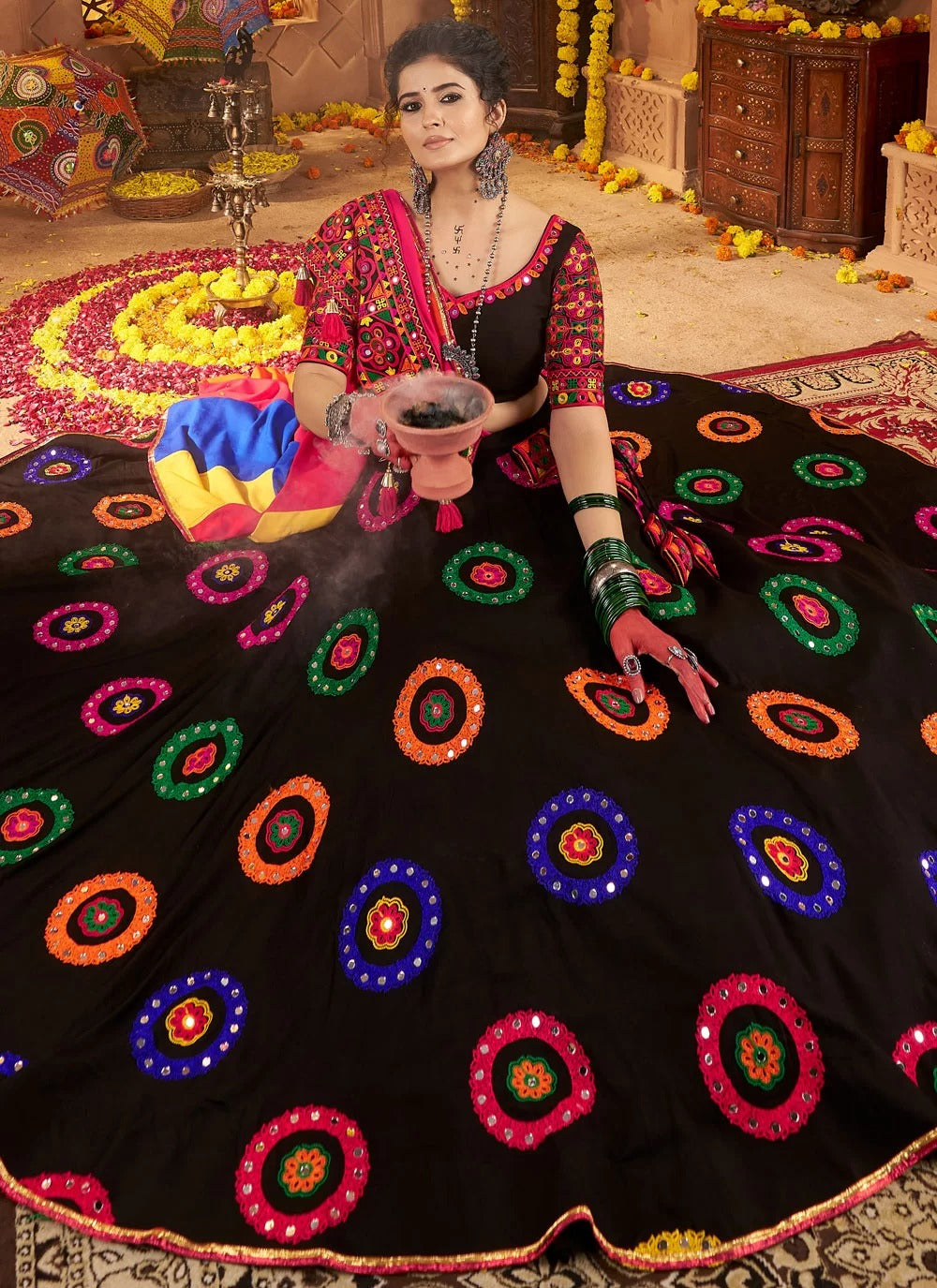 Black Mirror Work Navratri Chaniya Choli with 8M Flair – 2025 Garba Collection | Gunj Fashion