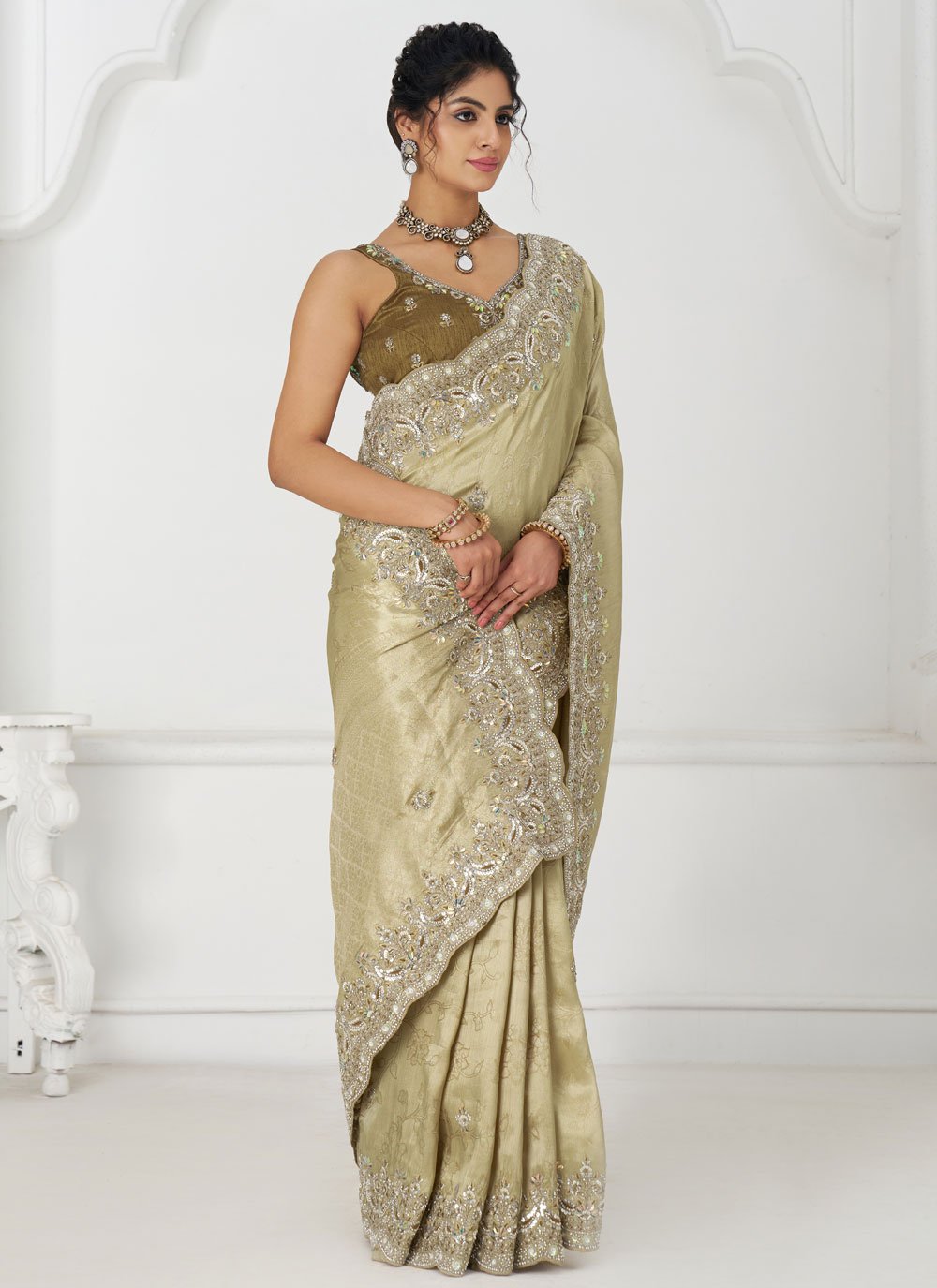 Chiku Dola Silk Saree with Aari Embroidery for Indian Weddings