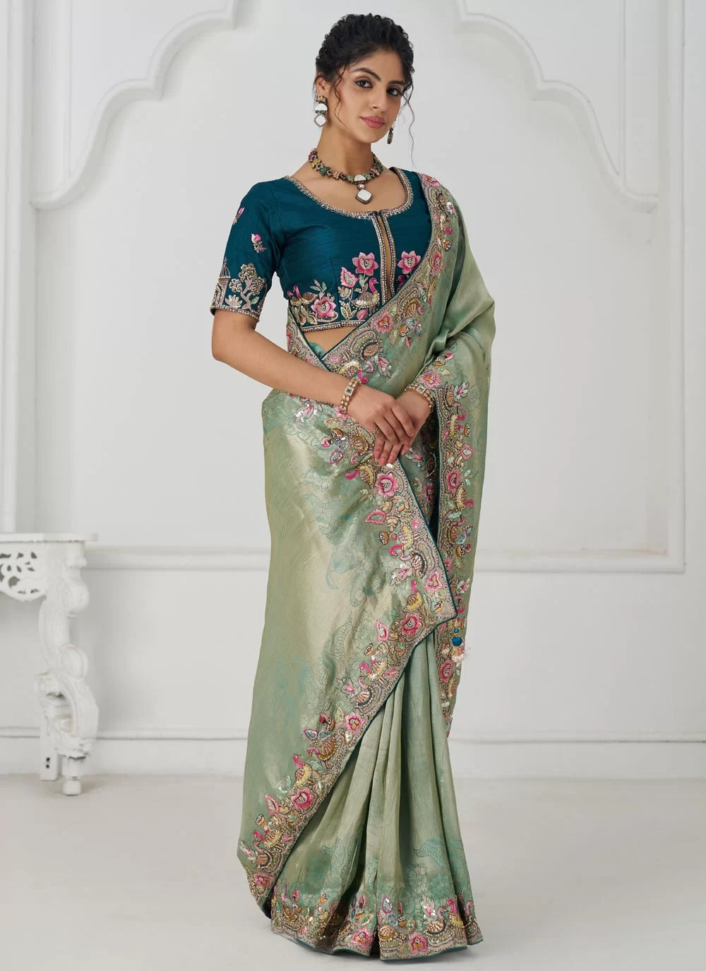 Elegant Green Embroidered Dola Silk Saree for Indian Weddings