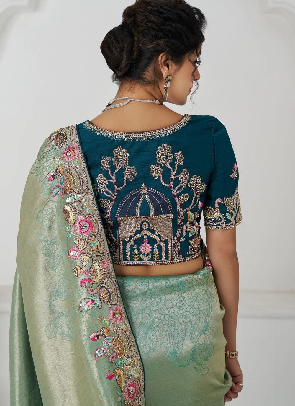 Elegant Green Embroidered Dola Silk Saree for Indian Weddings