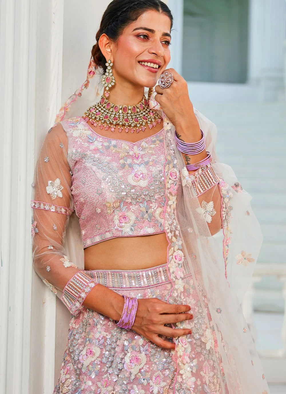 Grey Tissue Engagement Lehenga Choli with Sequins Zarkan and Thread Embroidery