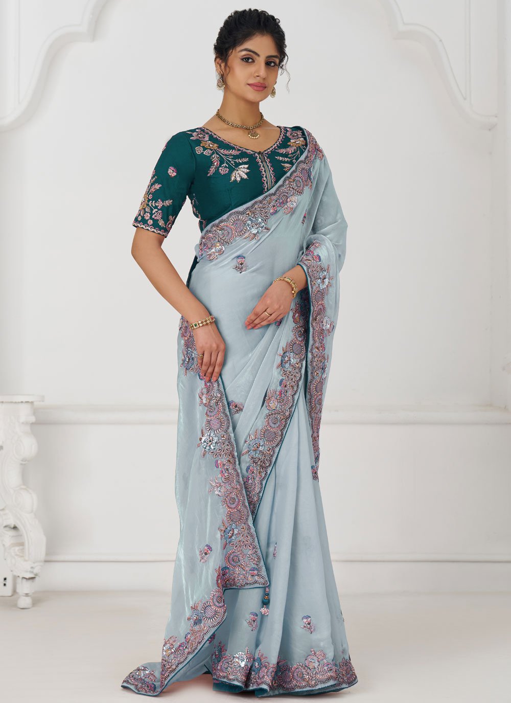 Grey Fendi Silk Saree with Zari Work and Sequins for Indian Wedding Look 