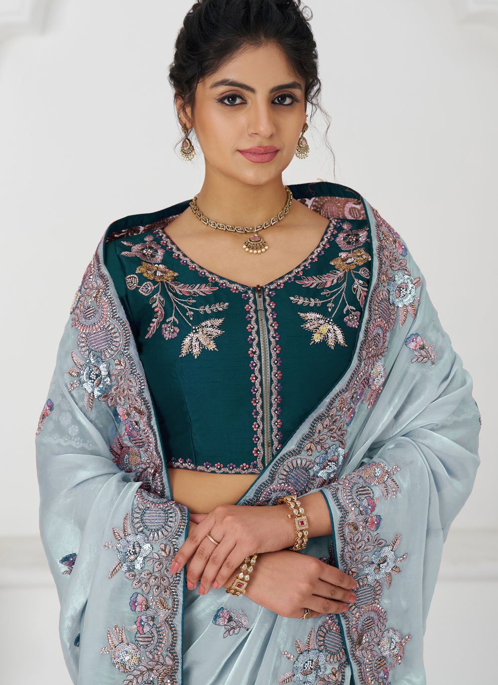 Grey Fendi Silk Saree with Zari Work and Sequins for Indian Wedding Look