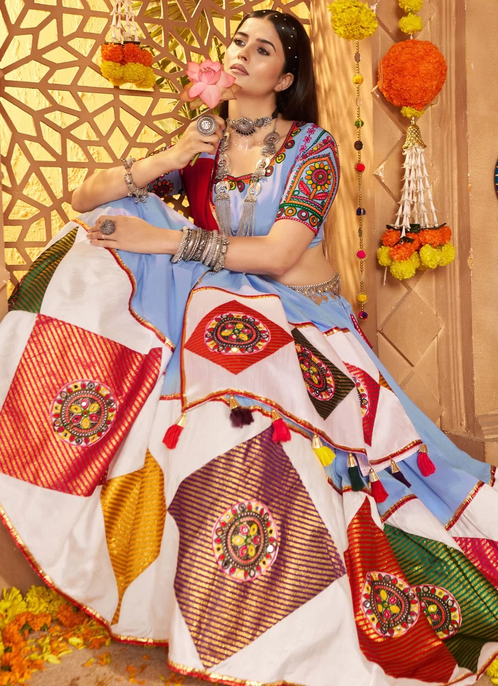 Light Blue Mirror and Thread Embroidered Viscose Cotton Navratri Chaniya Choli with Dupatta