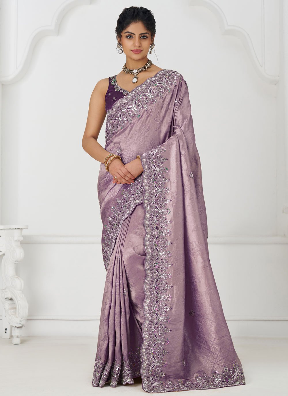 Elegant Mauve Aari Work Dola Silk Saree for Women’s Weddings