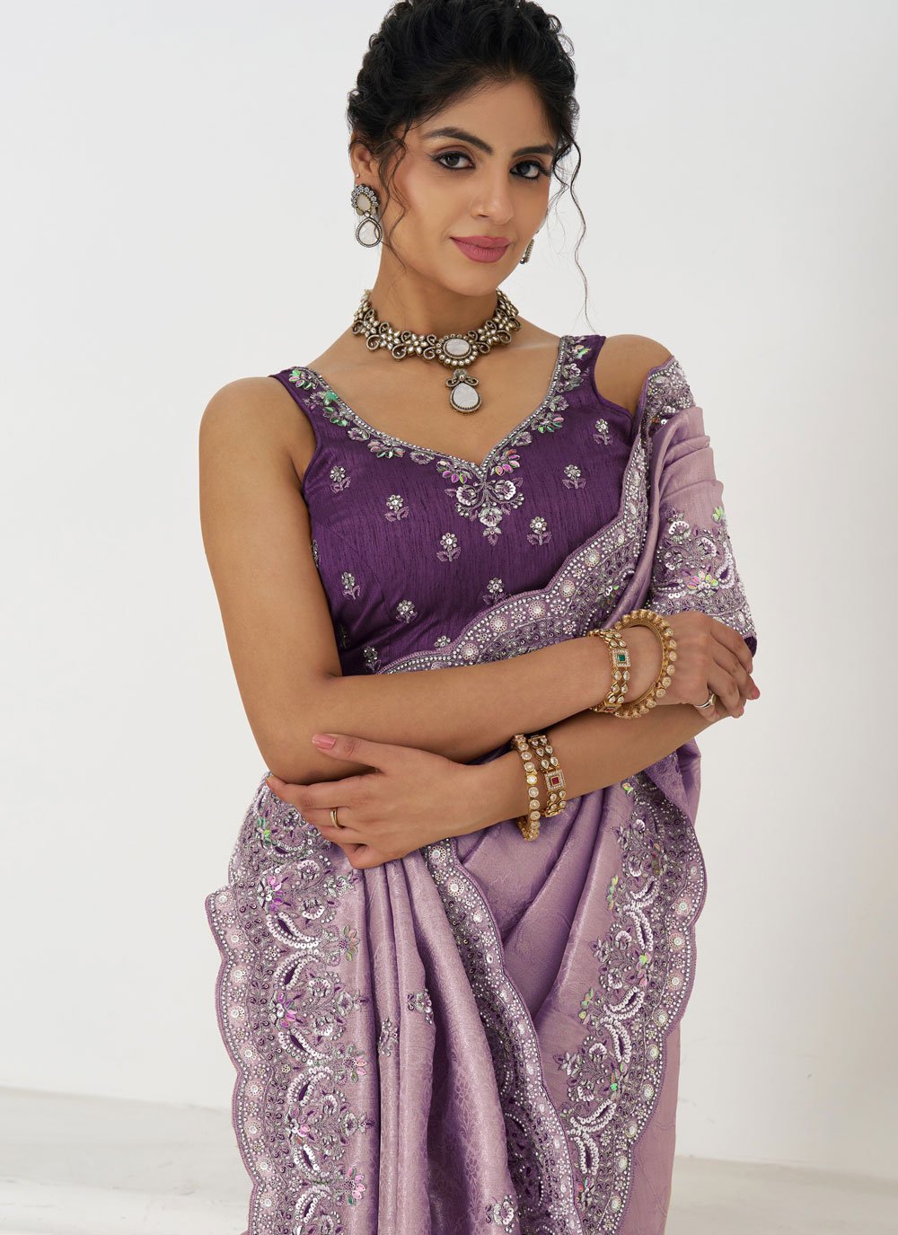 Mauve Dola Silk Saree with Aari Embroidery for Indian Weddings