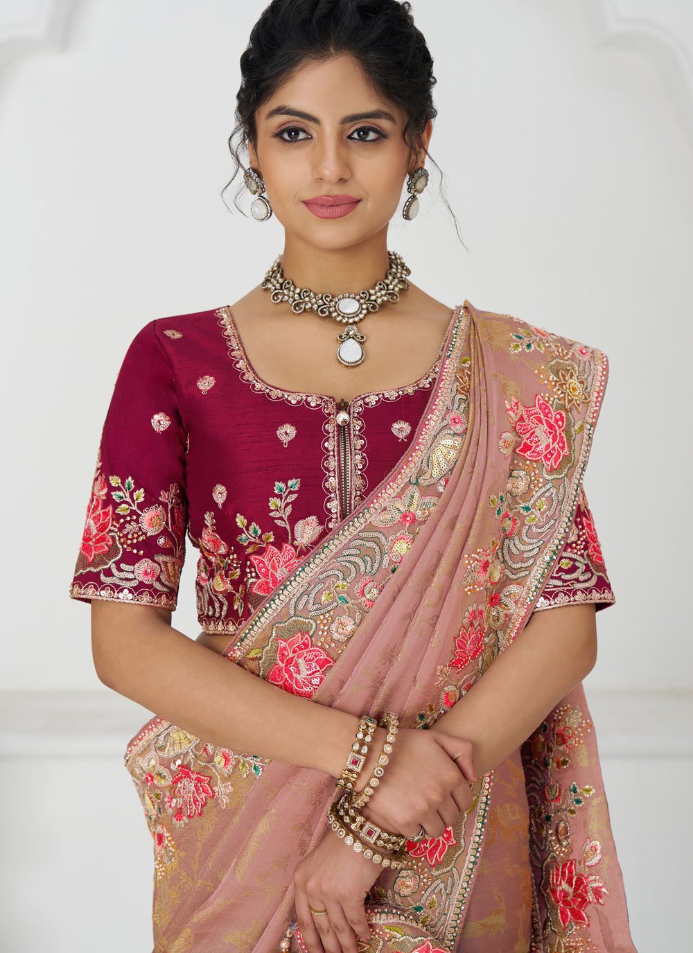 Peach Designer Dola Silk Saree with Sequins and Beaded Floral Motifs
