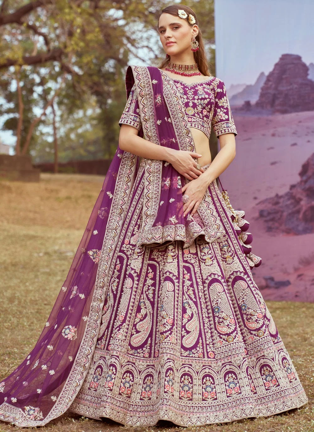 Elegant Purple Embroidered Silk Bridal Lehenga Choli with Dupatta