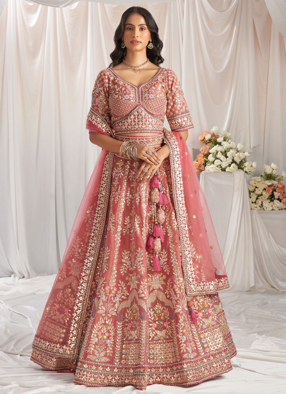 Elegant Rosegold Tissue Reception Lehenga with Gota Patti Work