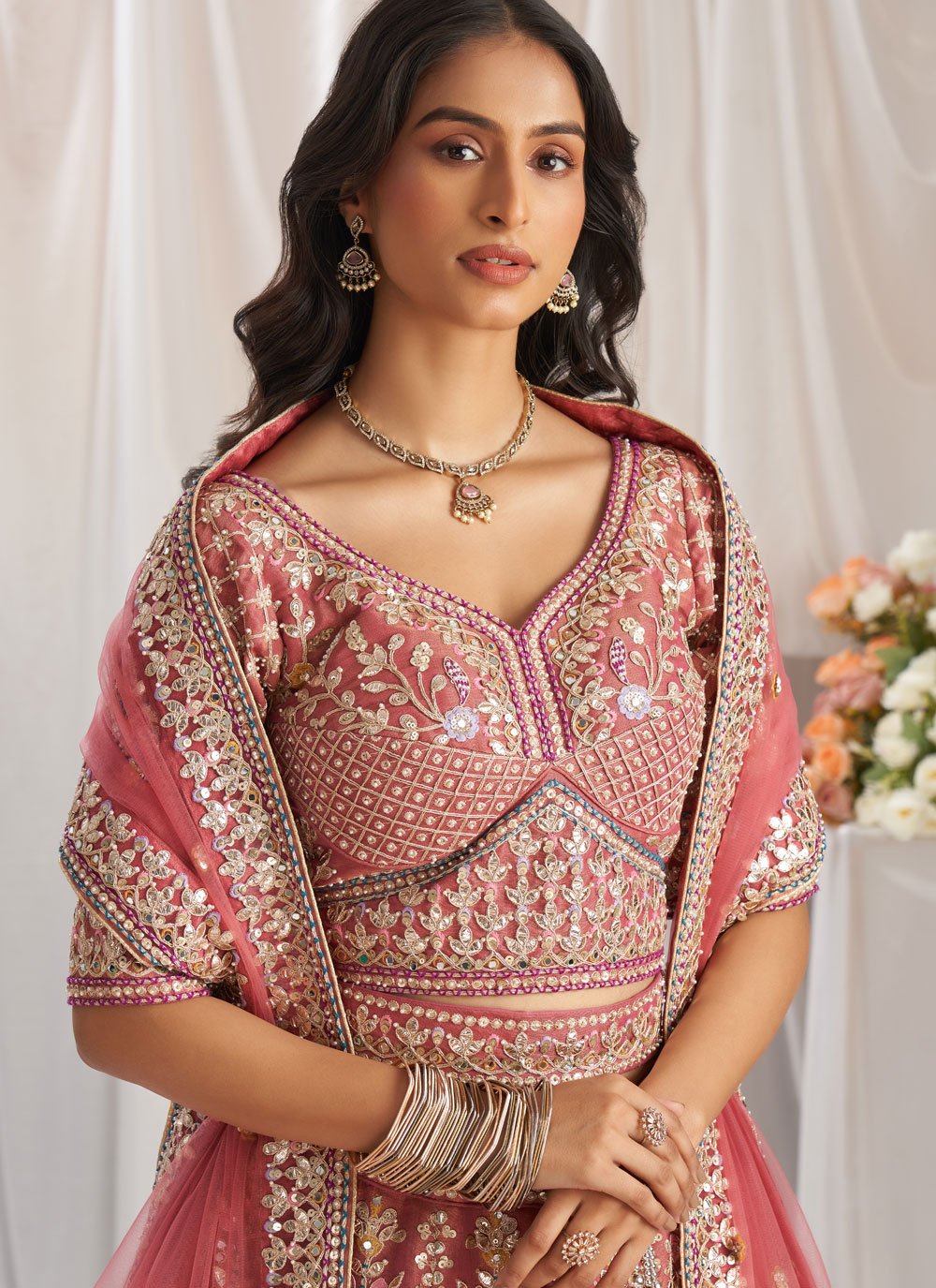 Tissue Lehenga with Net Dupatta and Sequins

