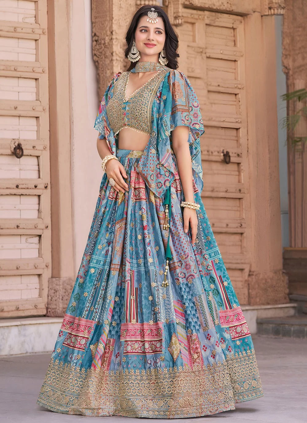 Sky Blue Chinnon Silk Party Wear Lehenga with Chiffon Dupatta and Embroidery