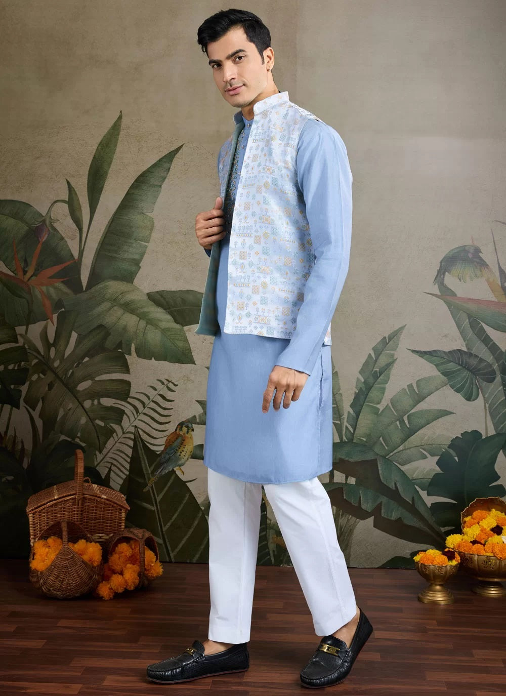 Elegant Sky Blue Mirror Work Koti Style Kurta Set for Men