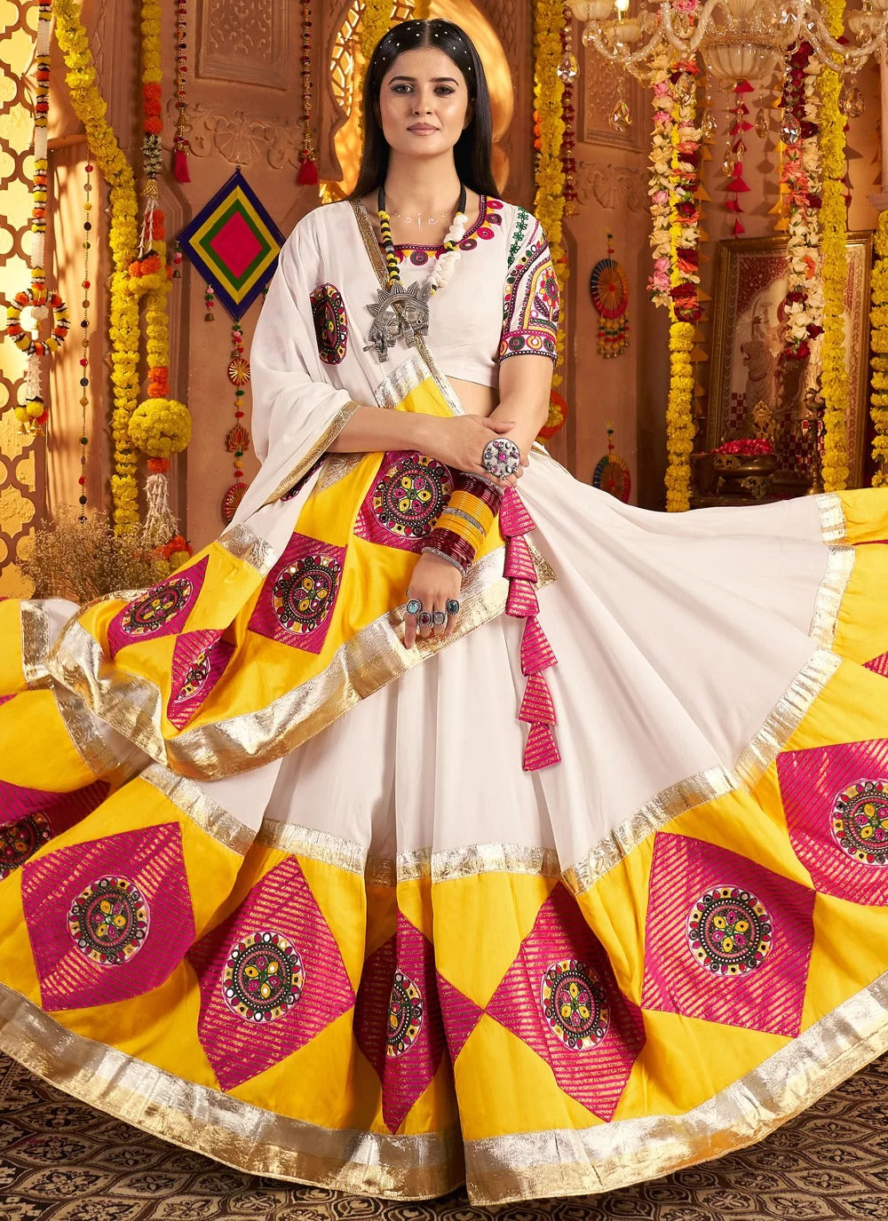 White Viscose Cotton Chaniya Choli with Thread Embroidery, Mirror Work, and Dupatta – Navratri Dress for Women 2025

