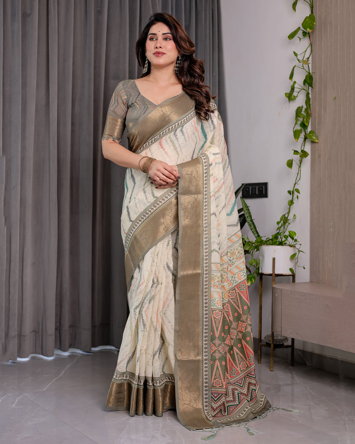 Elegant Cream & Gold Ikat Silk Saree with Zari Border & Designer Pallu