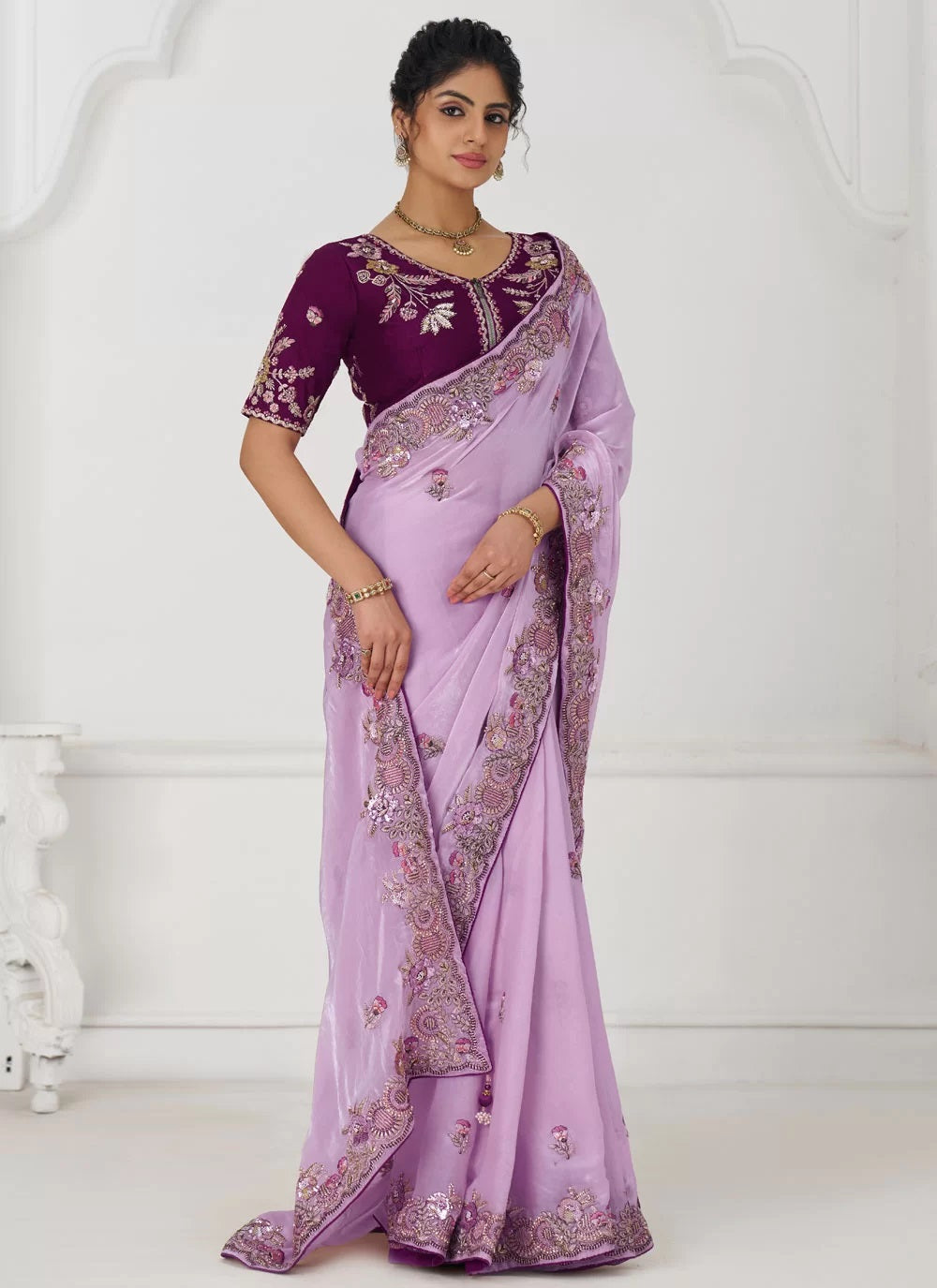 Mauve Fendi Silk Saree with Zari and Sequin Embroidery for Indian Wear