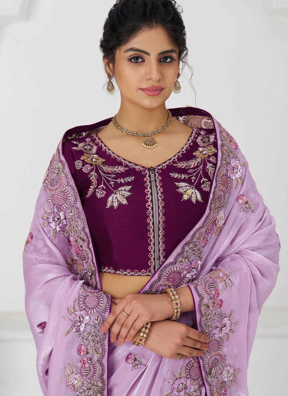 Mauve Fendi Silk Saree with Zari and Sequin Embroidery for Indian Wear