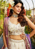Purple Tissue Embroidered Sangeet Lehenga Choli with Green Dupatta