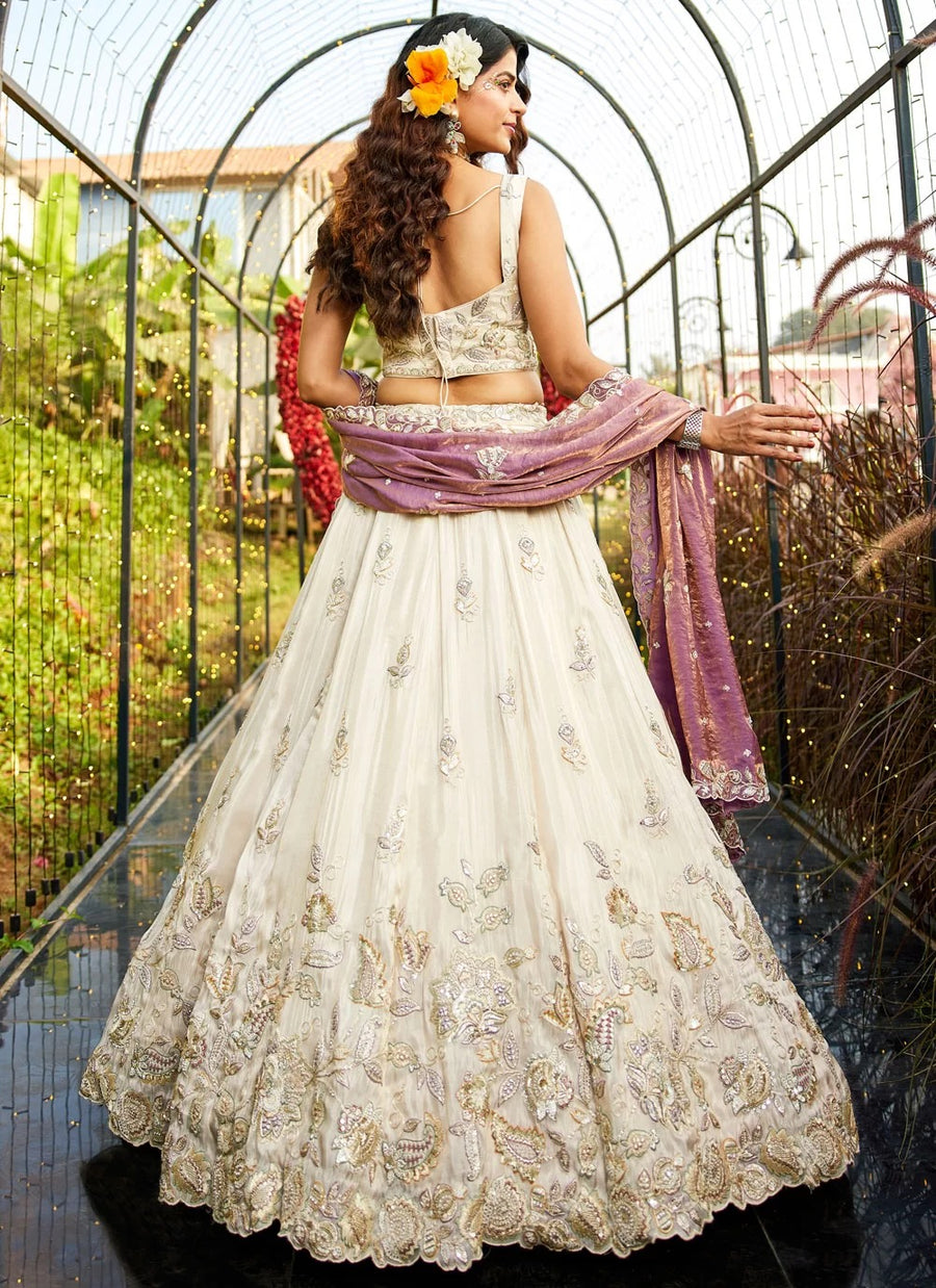 Purple Tissue Embroidered Sangeet Lehenga Choli with Green Dupatta