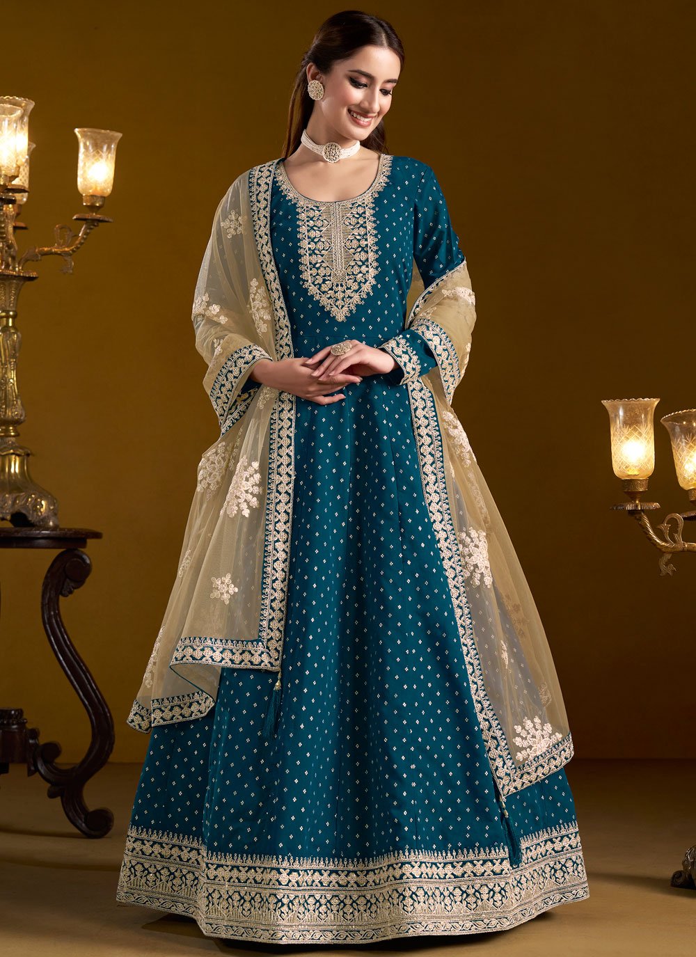 Elegant Morpeach Anarkali with Net Dupatta