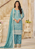 Firozi Organza Crush Pakistani Salwar Kameez for Festive Wear Plus Size