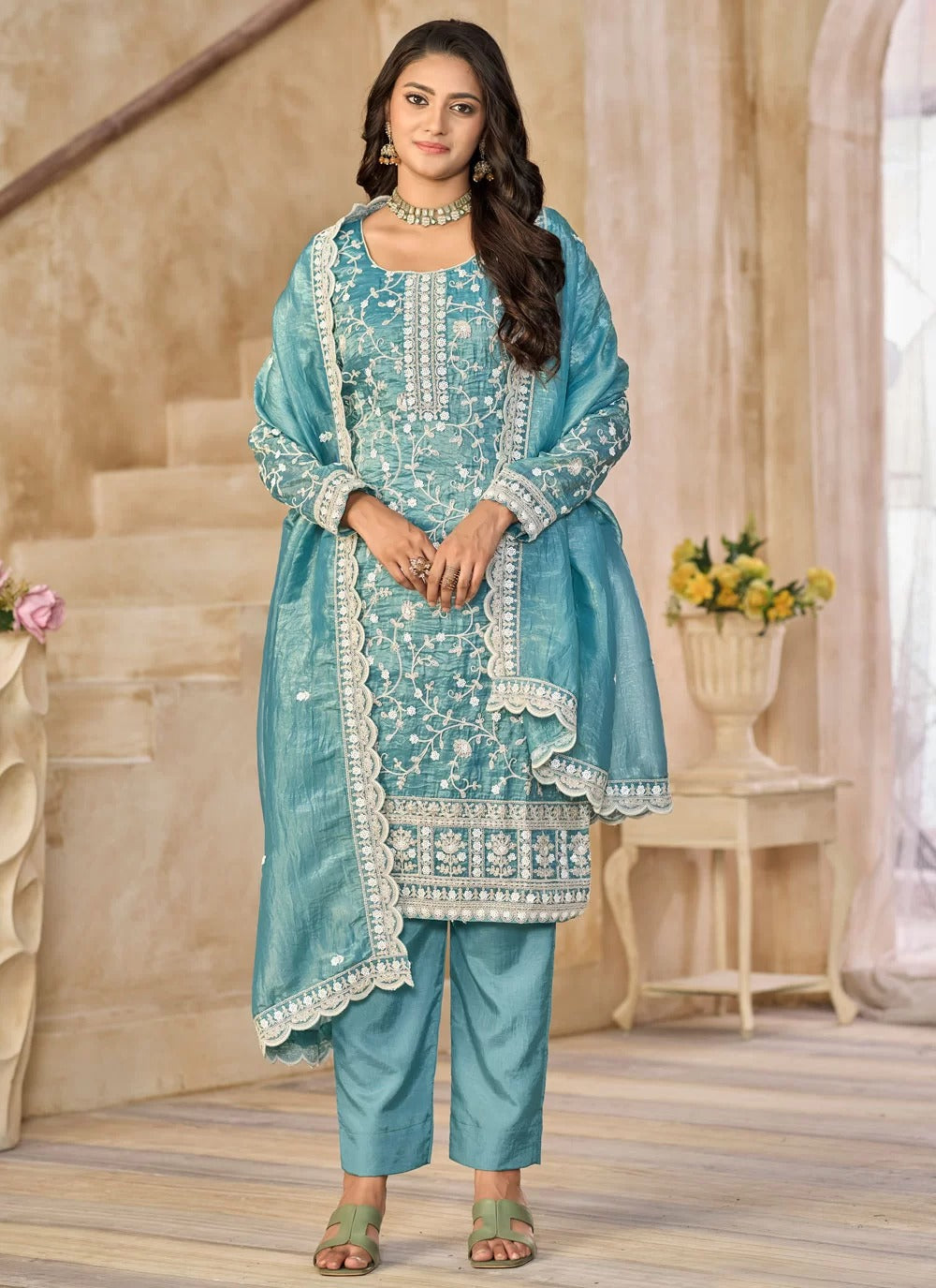 Firozi Pakistani Salwar Kameez Plus Size Festive Organza Dress

