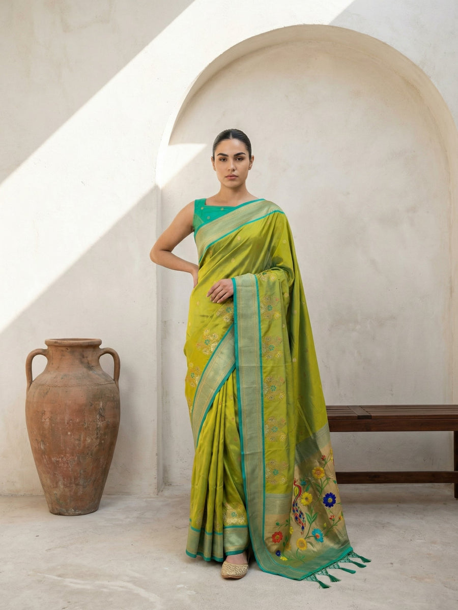 party wear soft silk paithani saree with zari woven polka motifs