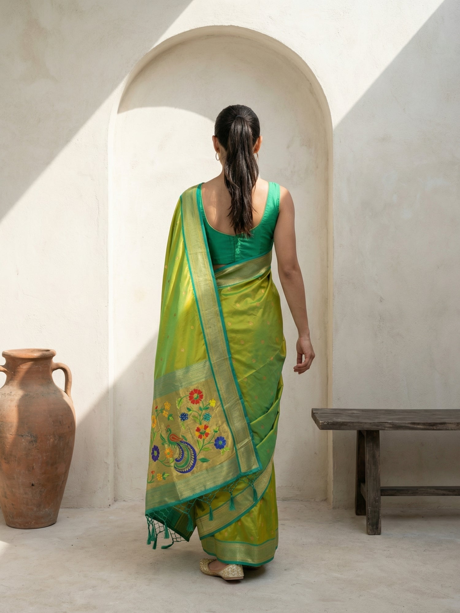 ethnic silk saree with rich woven pallu and contrast border