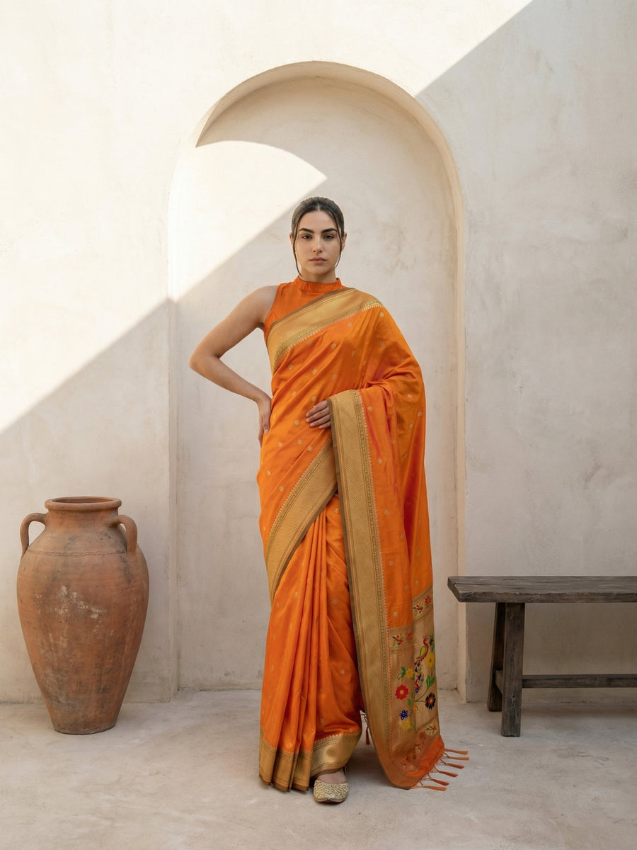 orange premium soft silk saree with zari woven polka motifs